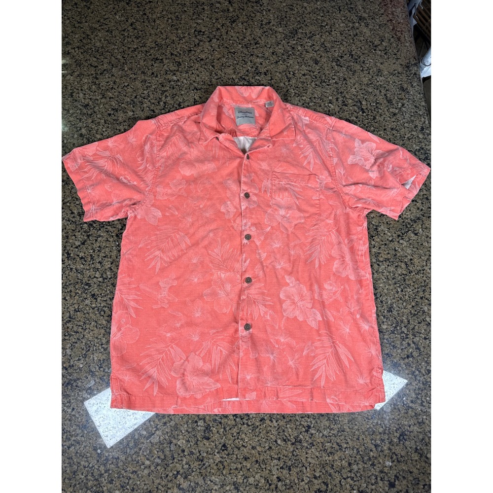 Disney Parks Tommy Bahama Mens Large Coral Pink Hidden Mickey Tropical Shirt